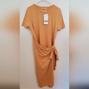 Zara Women's Tie Front Midi T-Shirt Dress Size XL Travel Vacation Comfy